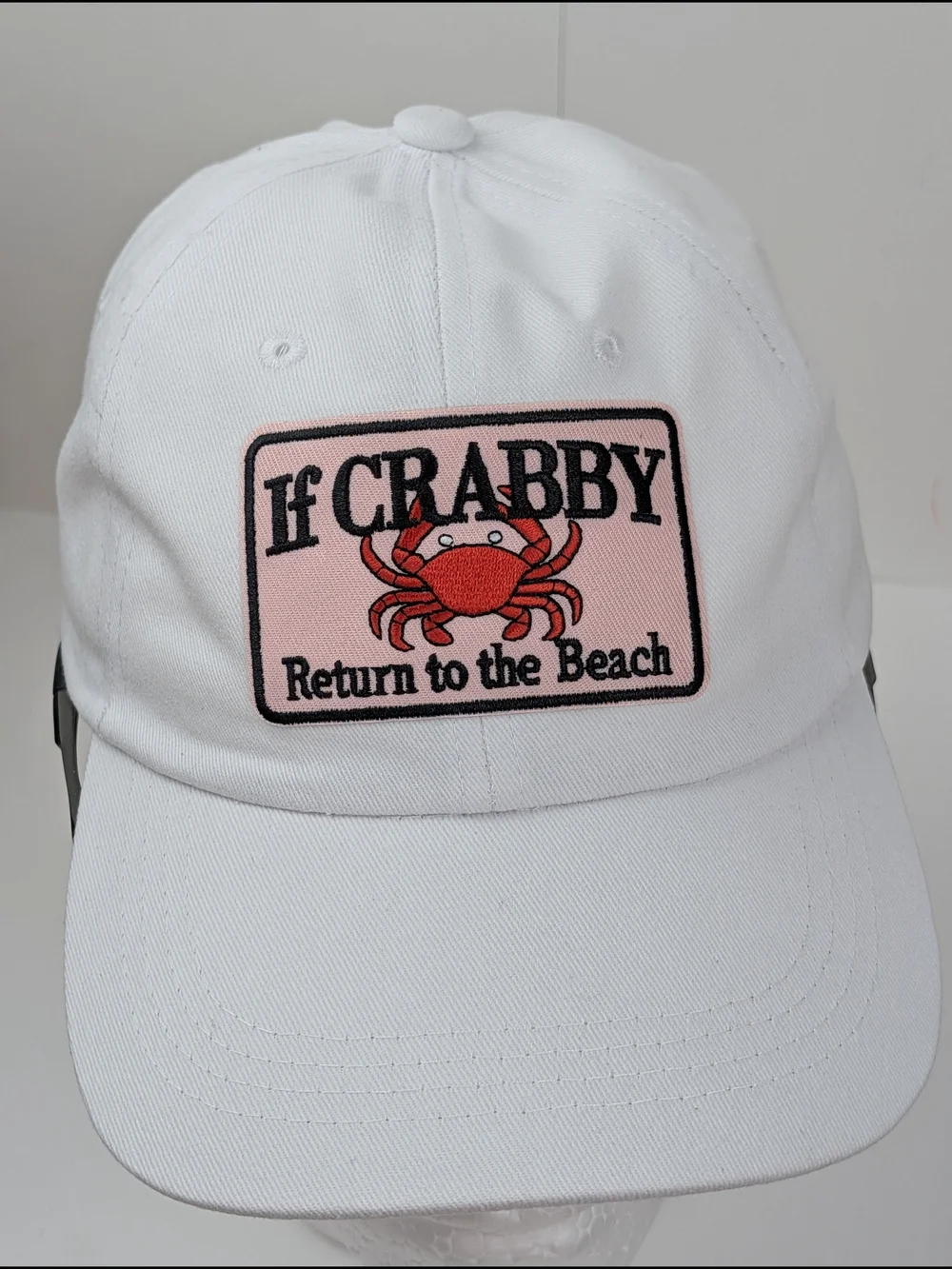 White Ball Cap with Pink Crab Patch - 'IF CRABBY Return to the Beach', NEW